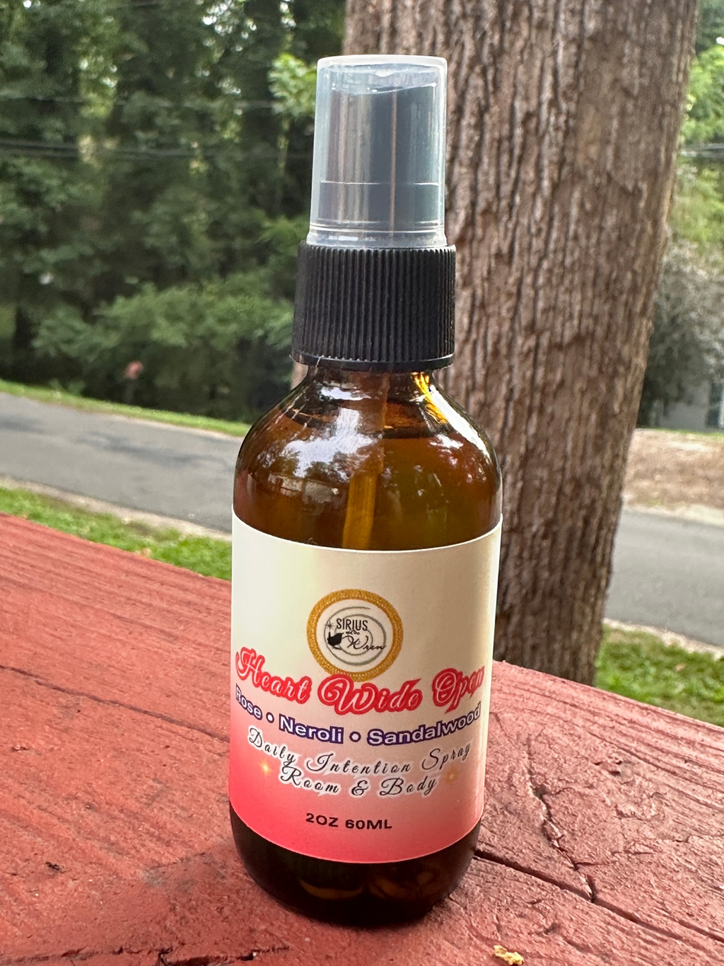 Heart Wide Open Daily Intention Spray, 2 oz, on a wooden surface outdoors