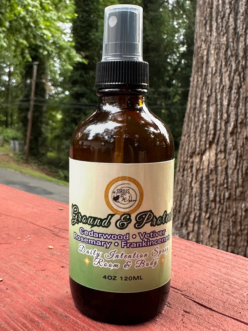 Ground + Protect Daily Intention Spray, 4 oz, on a wooden surface with a natural background