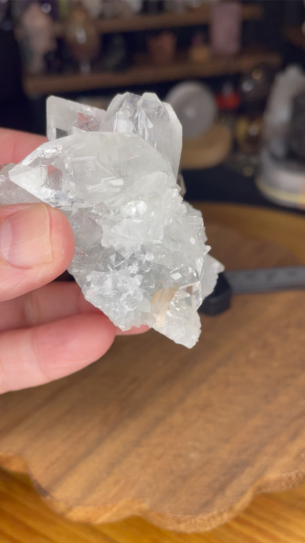 A hand holds an Apophyllite Specimen - 108 g, a cluster of clear, geometric apophyllite crystals.