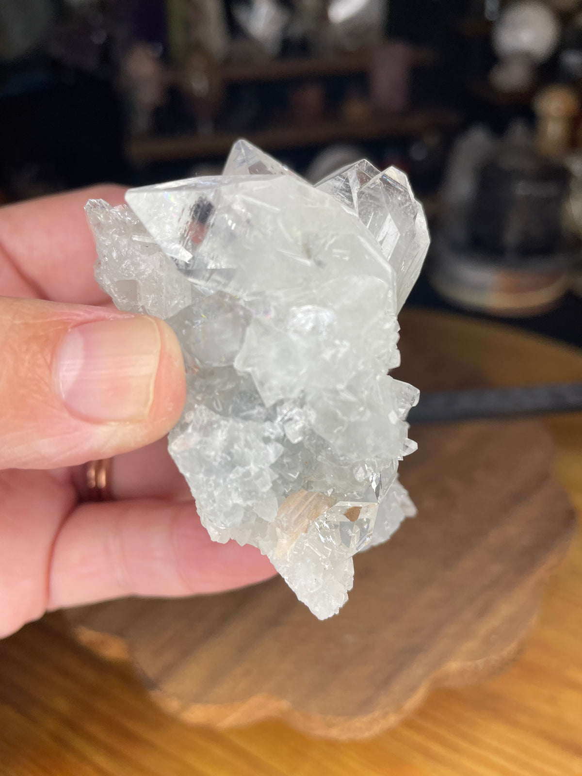 Hand holding an Apophyllite Specimen - 108 g, a cluster of clear, geometric crystals.