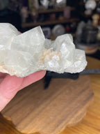 A hand holds a 178 g cluster of Apophyllite with Stilbite, featuring clear, geometric crystals with small peach-colored accents.