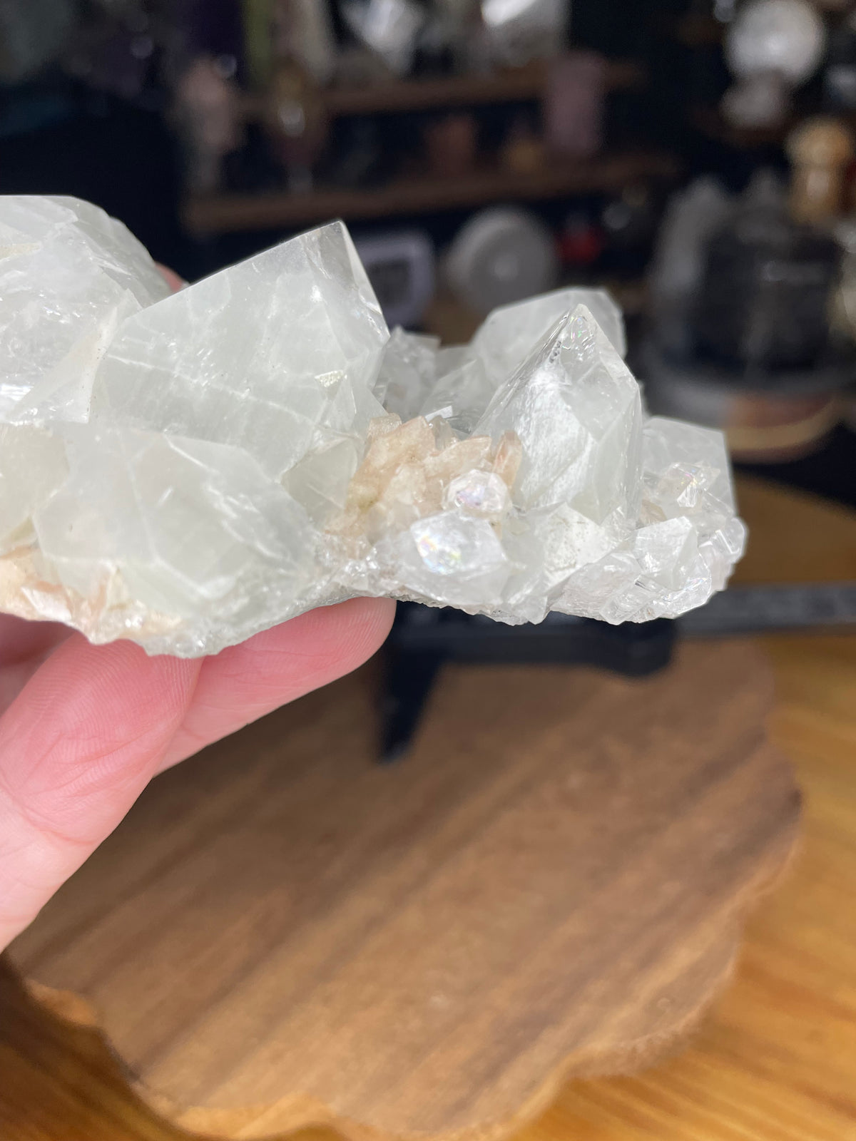 A hand holds a 178 g cluster of Apophyllite with Stilbite, featuring clear, geometric crystals with small peach-colored accents.