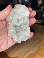 A hand holds a 178 g Apophyllite with Stilbite cluster featuring translucent, clear apophyllite crystals with small, peachy-colored stilbite blades.