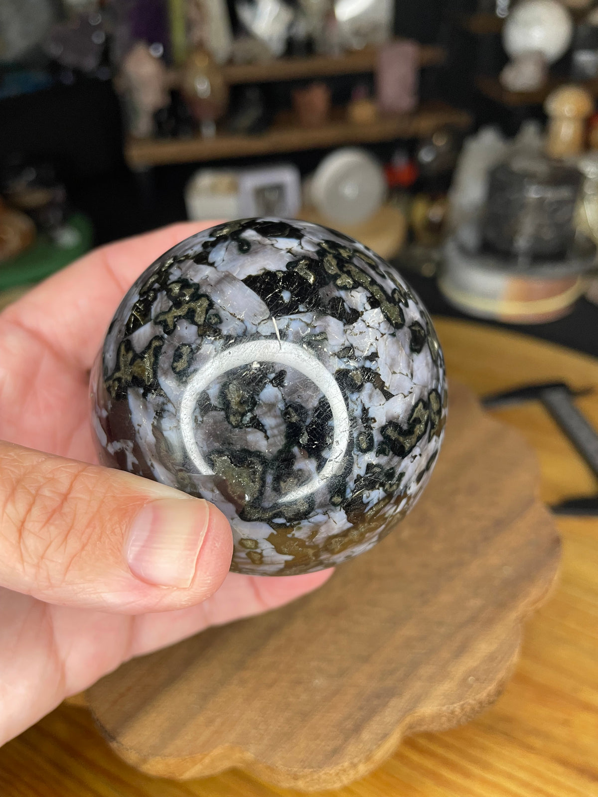 A hand holds a 66.7 mm Indigo Gabbro (Mystic Merlinite) Sphere, a polished stone of dark gray and black with metallic gold-colored inclusions.