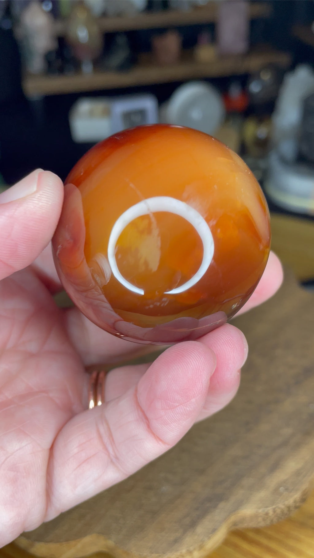 A hand holds a polished, reddish-orange Carnelian Sphere - 48.2 mm by Sirius and the Wren, featuring a circular white light reflection on its surface.